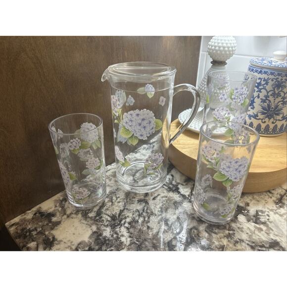 Acrylic Outdoor Patio Beverage Serving Set Tray Pitcher 3 Tumblers Hydrangea - Picture 1 of 4